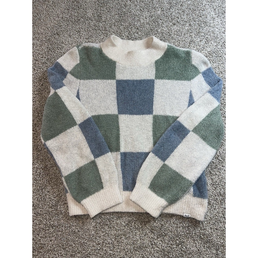 Abercrombie Kids Checkerboard Crewneck Sweater Size 13/14 XL Green Blue Cream